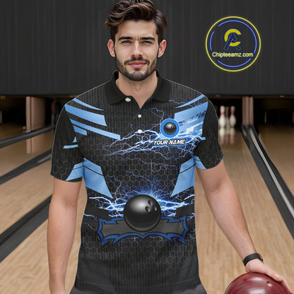 Black and Blue Lightning Thunder Bowling Shirts For Men Custom Bowling Team Jerseys, Gift For Bowlers NQS11140