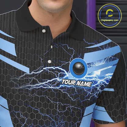 Black and Blue Lightning Thunder Bowling Shirts For Men Custom Bowling Team Jerseys, Gift For Bowlers NQS11140