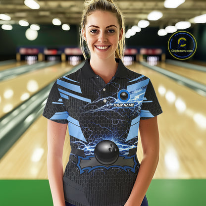 Black and Blue Lightning Thunder Bowling Shirts For Women Custom Bowling Team Jersey, Gift For Bowler NQS11140