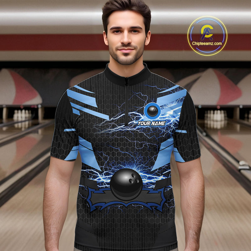 Black and Blue Lightning Thunder Bowling Shirts For Men Custom Bowling Team Jerseys, Gift For Bowlers NQS11140