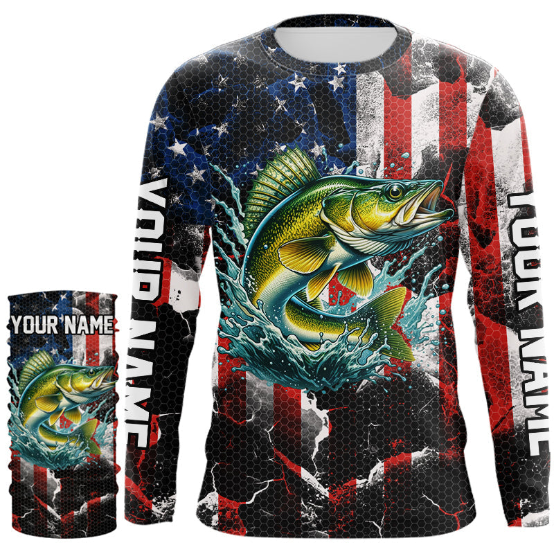 Walleye fishing black American flag Custom UV protection performance long sleeve fishing jerseys NQS9277