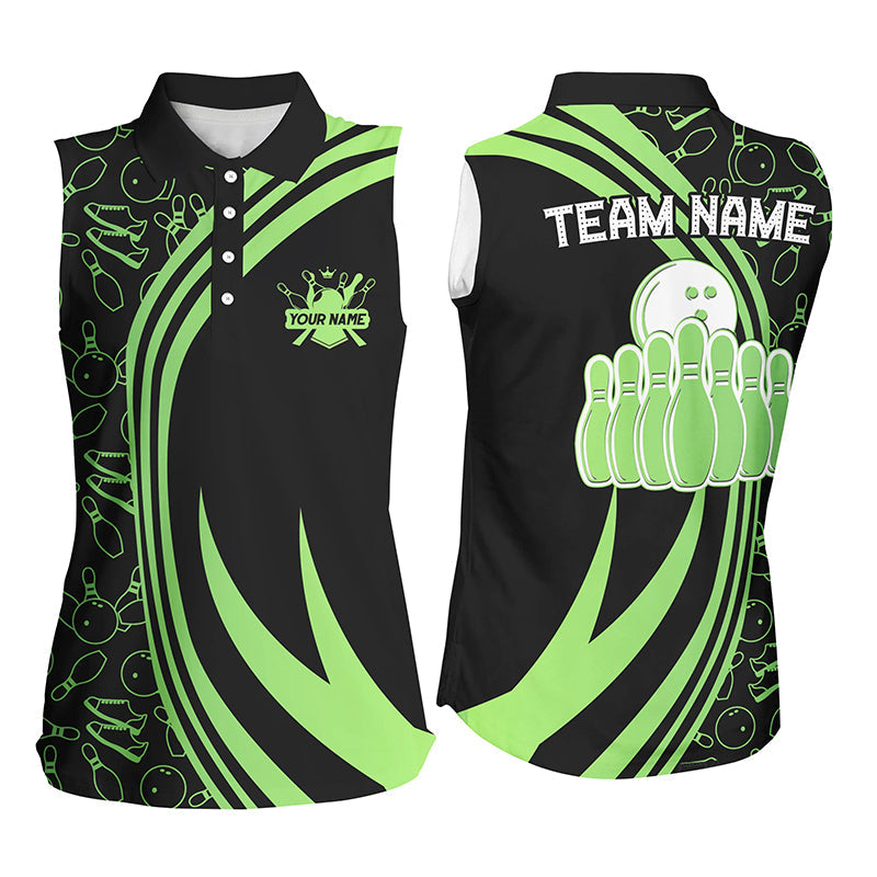 Black Women Sleeveless Polo Shirt Custom Green neon team league bowling jerseys, gifts for bowlers NQS7535