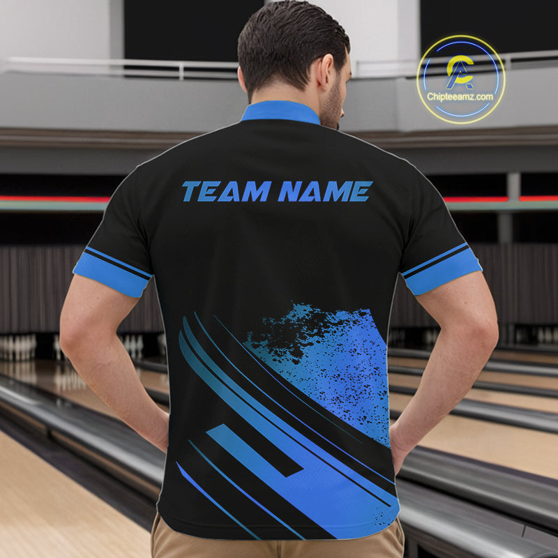 Custom Black And Blue Bowling Team Polo, Quarter-Zip Shirts For Men, Personalized Bowling Jerseys NQS10539
