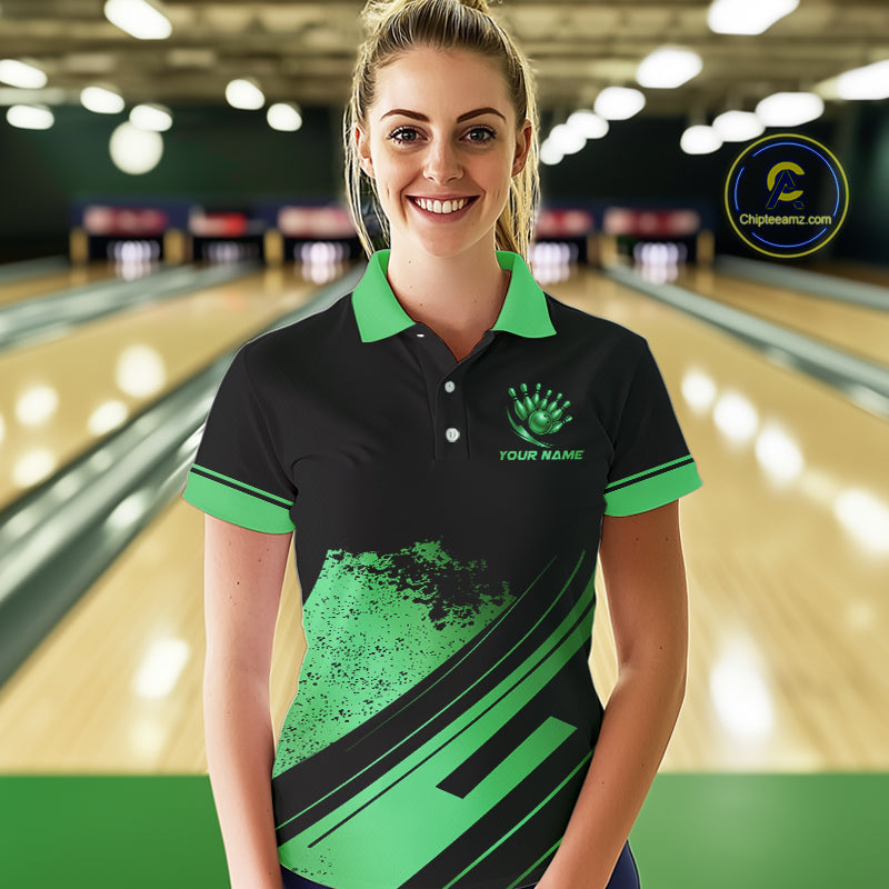 Custom Black And Green Bowling Team Polo, Quarter-Zip Shirts For Women, Personalized Bowling Jerseys NQS10540