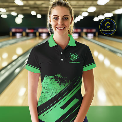 Custom Black And Green Bowling Team Polo, Quarter-Zip Shirts For Women, Personalized Bowling Jerseys NQS10540