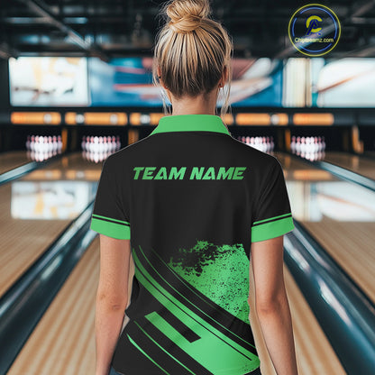 Custom Black And Green Bowling Team Polo, Quarter-Zip Shirts For Women, Personalized Bowling Jerseys NQS10540