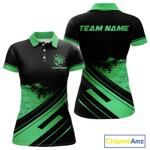 Custom Black And Green Bowling Team Polo, Quarter-Zip Shirts For Women, Personalized Bowling Jerseys NQS10540