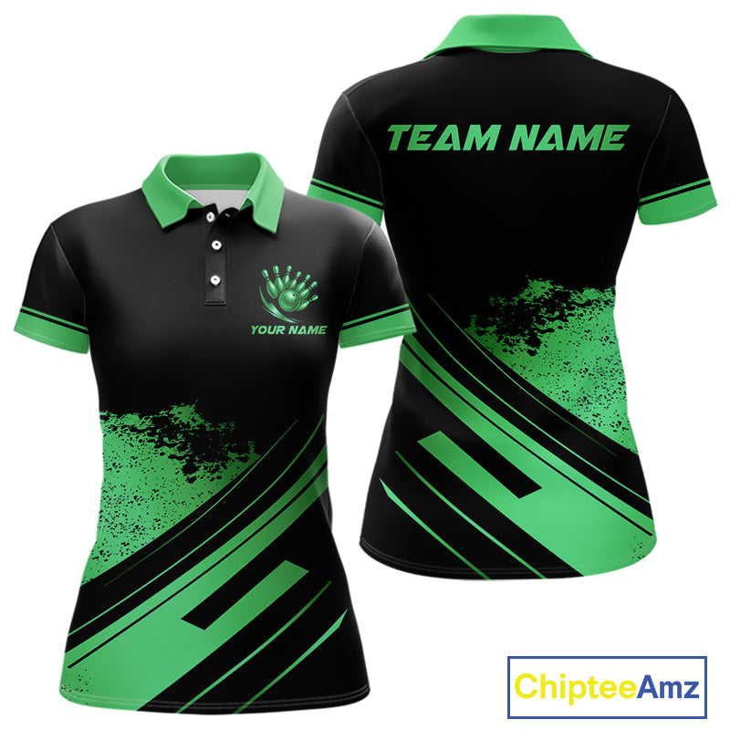 Custom Black And Green Bowling Team Polo, Quarter-Zip Shirts For Women, Personalized Bowling Jerseys NQS10540