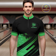 Load image into Gallery viewer, Custom Black And Green Bowling Team Polo, Quarter-Zip Shirts For Men, Personalized Bowling Jerseys NQS10540