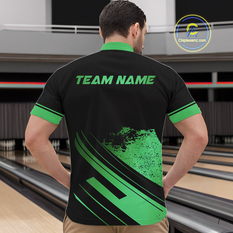 Custom Black And Green Bowling Team Polo, Quarter-Zip Shirts For Men, Personalized Bowling Jerseys NQS10540