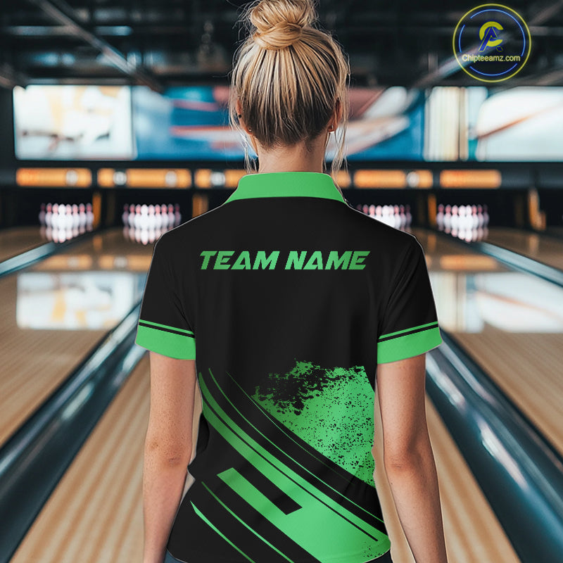 Custom Black And Green Bowling Team Polo, Quarter-Zip Shirts For Women, Personalized Bowling Jerseys NQS10540