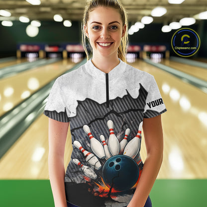 Black and White grunge Bowling Shirts for Women Custom Team Bowling Jerseys, Gift for Bowlers NQS10751