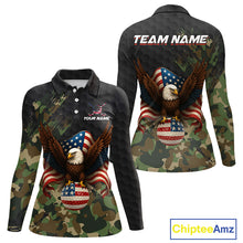 Load image into Gallery viewer, Black and Green Camo American Flag Eagle Golf Polo Shirts For Women Custom Patriotic Team Golf Jersey NQS10953