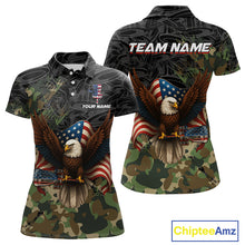 Load image into Gallery viewer, Black &amp; Green Camo American Flag Eagle Womens Disc golf polo shirt, Patriotic disc golf jersey custom NQS10954