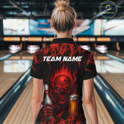 Red Skull and Beer Bowling shirts with flames Custom Bowling Polo, 1/4 Zip bowling outfits for Women NQS10955