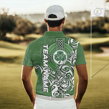 Load image into Gallery viewer, Green Irish Tribal Cross St Patrick's Day Mens Golf Polo Shirts Custom Lucky Golf Team Jerseys NQS11335