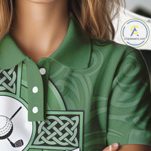Load image into Gallery viewer, Green Irish Tribal Cross St Patrick's Day Womens Golf Polo Shirts Custom Lucky Golf Team Jerseys NQS11335
