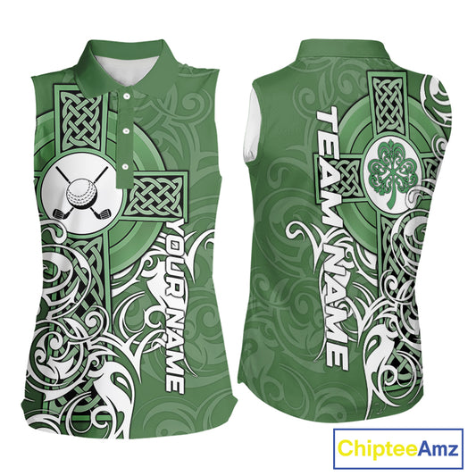 Green Irish Tribal Cross St Patrick's Day Women Sleeveless polo shirt Custom Lucky Golf Team Jerseys NQS11335