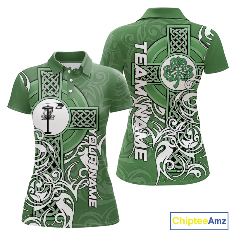 Green Irish Tribal Cross St Patrick's Day Disc Golf Polo Shirts Custom Lucky Disc Golf Team Outfits NQS11336