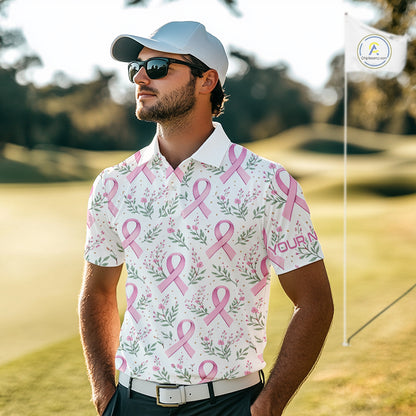 Pink ribbons floral pattern Breast Cancer golf polo shirts for men Custom team golf attire for men NQS11551