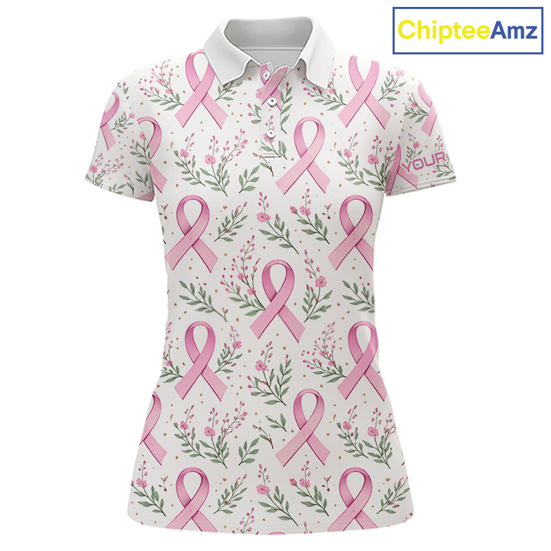 Pink ribbons floral pattern Breast Cancer golf polo shirts for Women Custom team ladies golf attire NQS11551