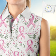 Load image into Gallery viewer, Pink ribbons floral pattern Breast Cancer sleeveless golf polo shirts Custom team ladies golf attire NQS11551