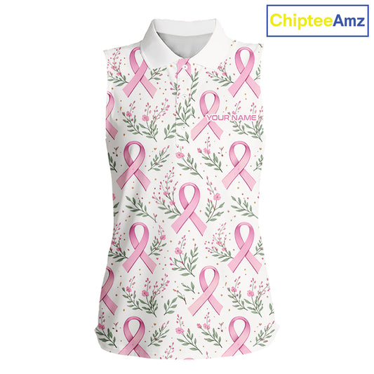 Pink ribbons floral pattern Breast Cancer sleeveless golf polo shirts Custom team ladies golf attire NQS11551