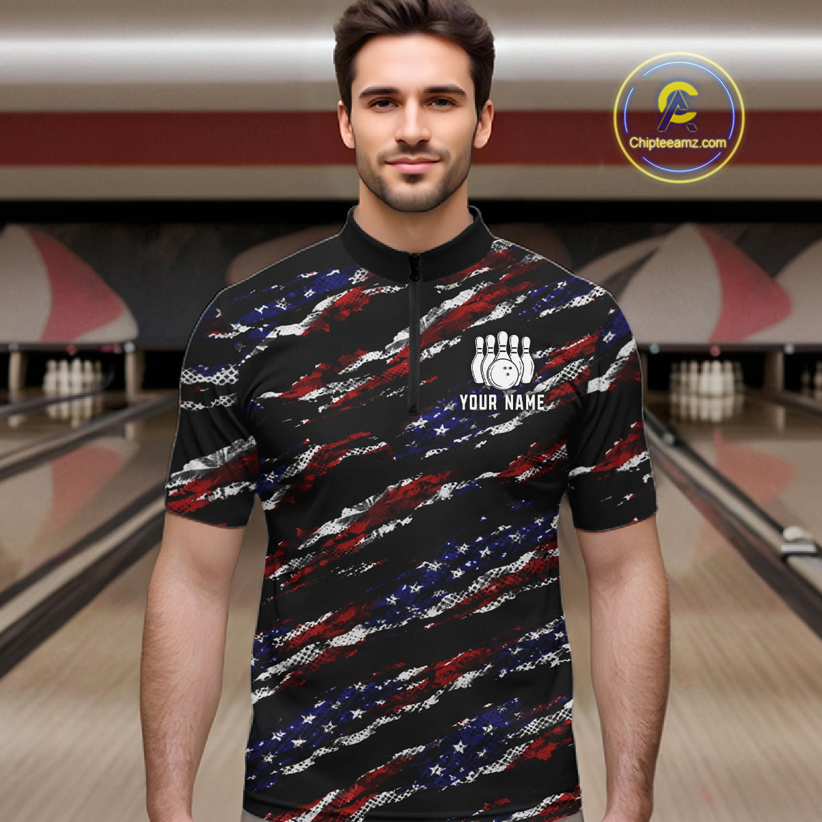 Black American Flag pattern bowling shirt for men custom patriotic jerseys team bowling gifts for men NQS11552