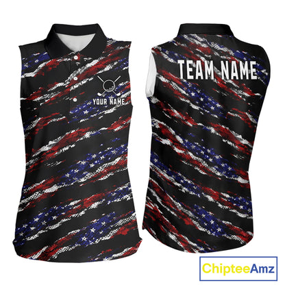 Black American Flag pattern Sleeveless Golf Polo shirts for Women custom ladies patriotic golf shirts NQS11553