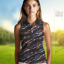 Load image into Gallery viewer, Black American Flag pattern Sleeveless Golf Polo shirts for Women custom ladies patriotic golf shirts NQS11553