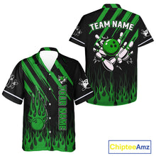 Load image into Gallery viewer, Black and Green Flame Retro Bowling Button-up Shirt Custom Vintage Team Hawaiian Bowling Jersey NQS11677