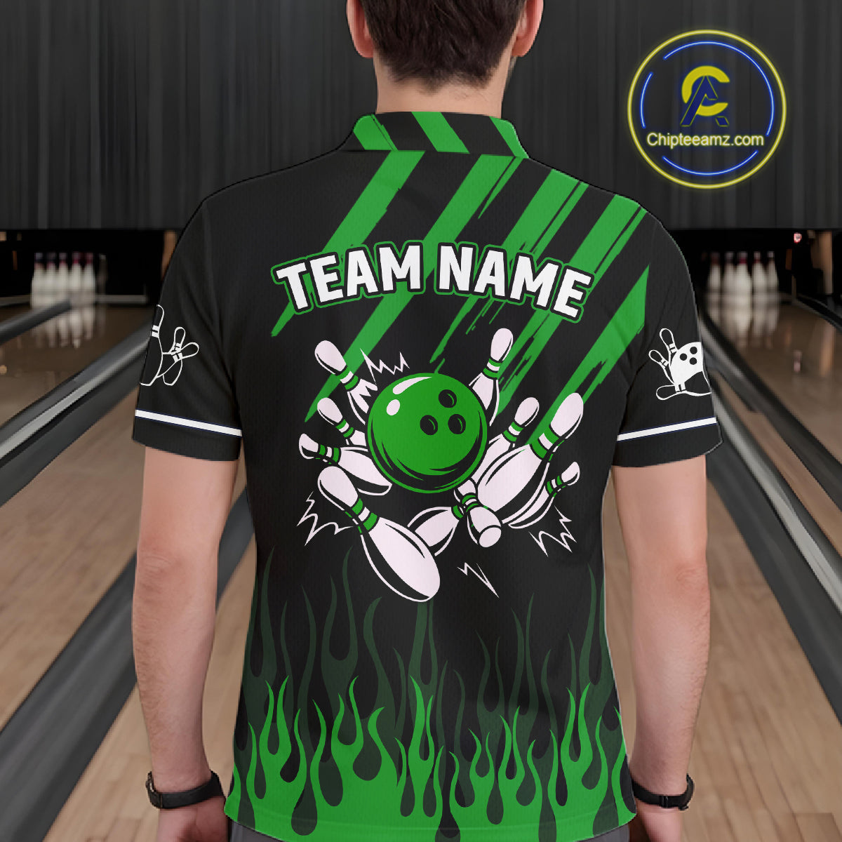 Black and Green Flame Retro Bowling Polo, 1/4 Zip Shirt for Men Custom Vintage Team Bowling Jersey NQS11677