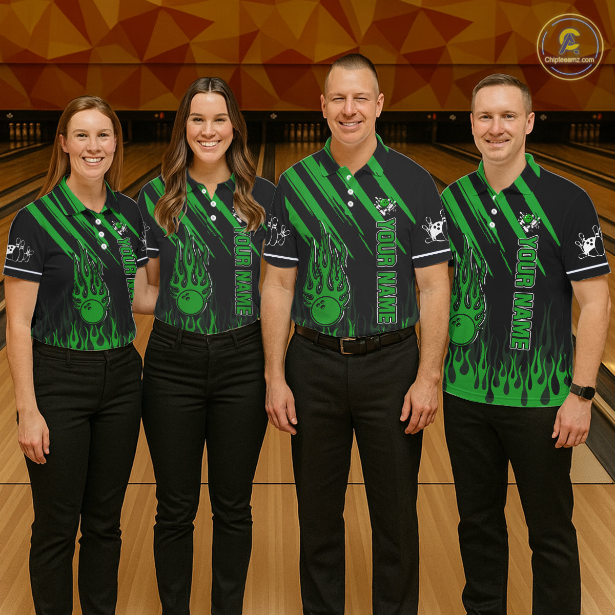 Black and Green Flame Retro Bowling Polo, 1/4 Zip Shirt for Men Custom Vintage Team Bowling Jersey NQS11677