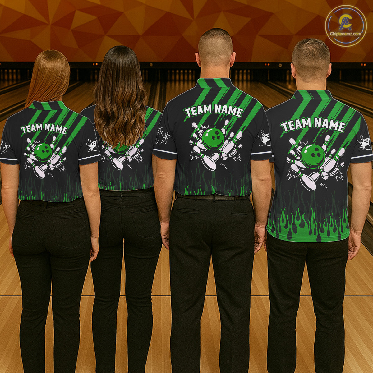 Black and Green Flame Retro Bowling Polo, 1/4 Zip Shirt for Men Custom Vintage Team Bowling Jersey NQS11677