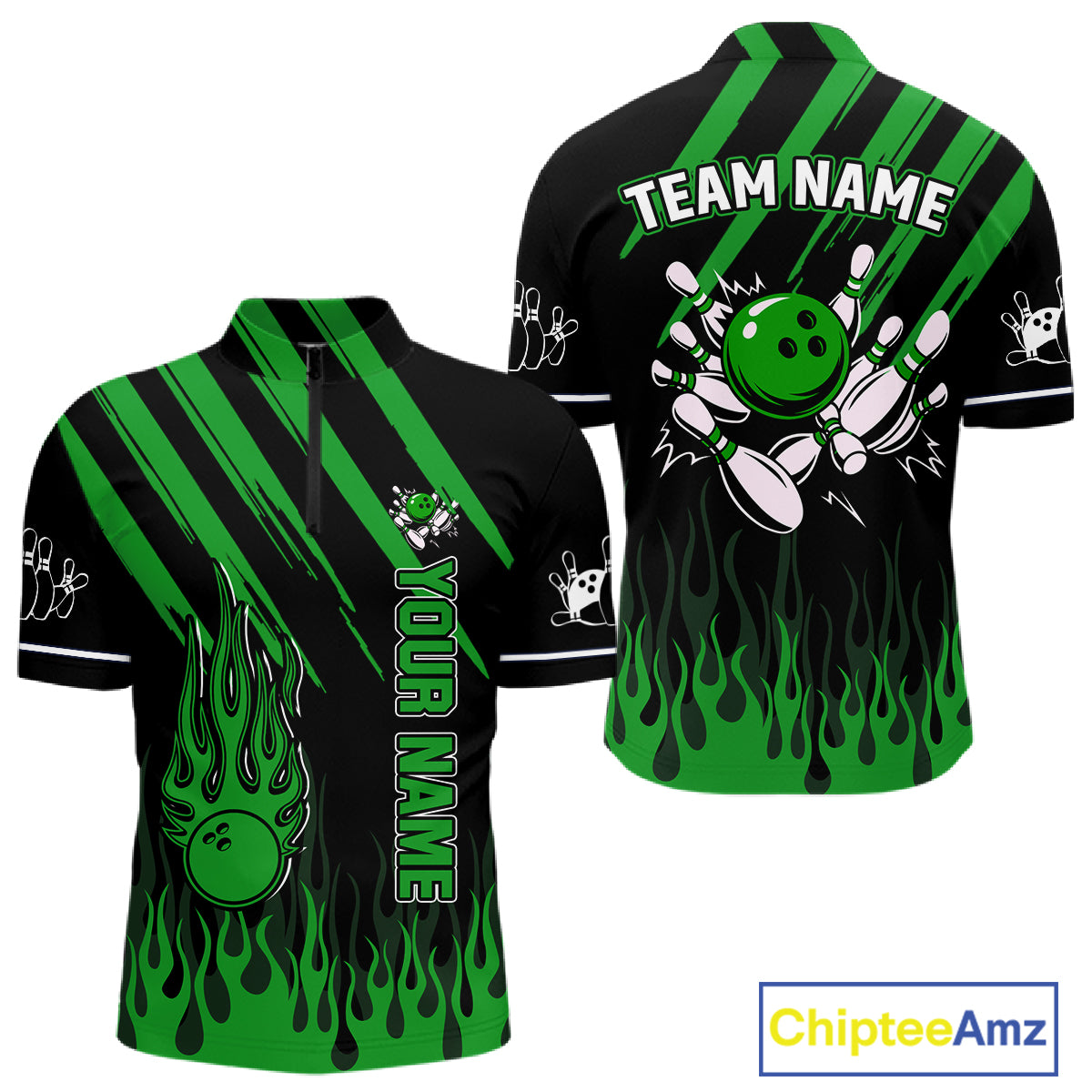 Black and Green Flame Retro Bowling Polo, 1/4 Zip Shirt for Men Custom Vintage Team Bowling Jersey NQS11677