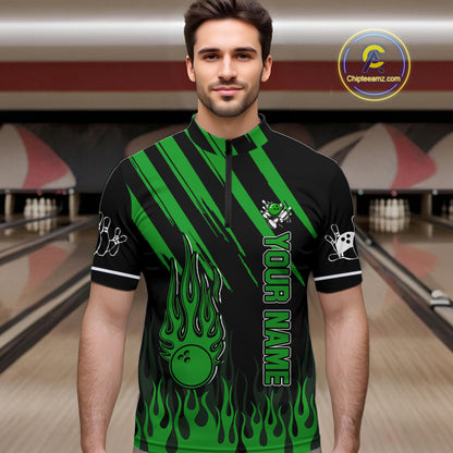 Black and Green Flame Retro Bowling Polo, 1/4 Zip Shirt for Men Custom Vintage Team Bowling Jersey NQS11677