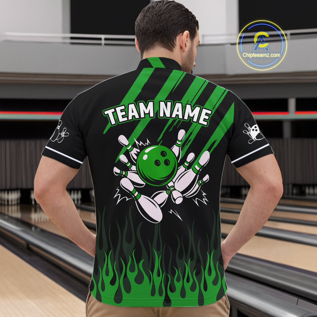 Black and Green Flame Retro Bowling Polo, 1/4 Zip Shirt for Men Custom Vintage Team Bowling Jersey NQS11677