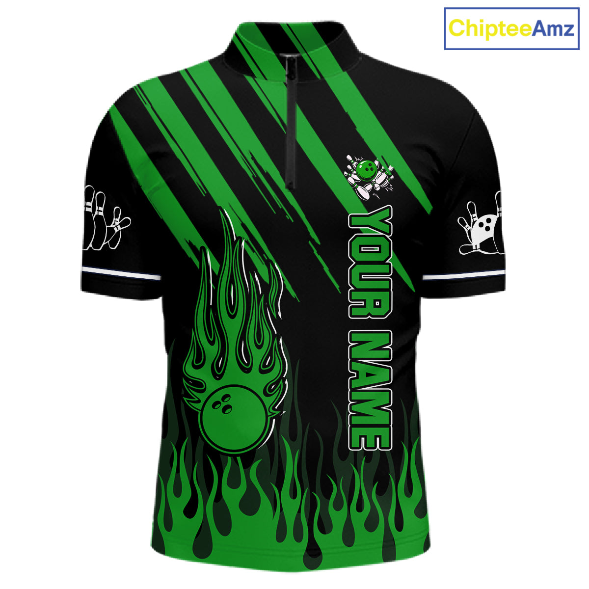 Black and Green Flame Retro Bowling Polo, 1/4 Zip Shirt for Men Custom Vintage Team Bowling Jersey NQS11677