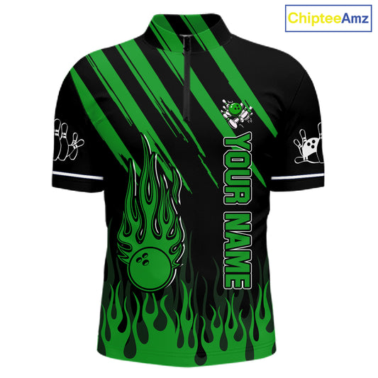 Black and Green Flame Retro Bowling Polo, 1/4 Zip Shirt for Men Custom Vintage Team Bowling Jersey NQS11677