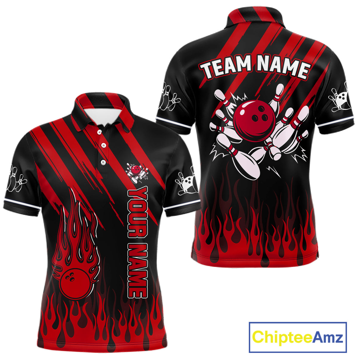 Black and Red Flame Retro Bowling Polo, 1/4 Zip Shirt for Men Custom Vintage Team Bowling Jersey NQS11678