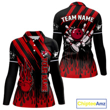 Load image into Gallery viewer, Black and Red Flame Retro Bowling Polo, 1/4 Zip Shirt for Women Custom Vintage Team Bowling Jersey NQS11678