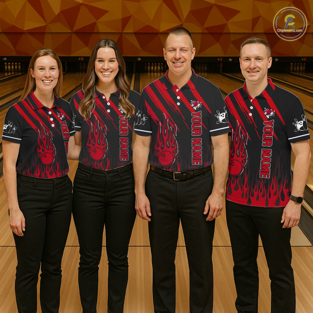 Black and Red Flame Retro Bowling Polo, 1/4 Zip Shirt for Men Custom Vintage Team Bowling Jersey NQS11678
