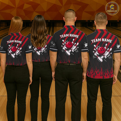 Black and Red Flame Retro Bowling Polo, 1/4 Zip Shirt for Men Custom Vintage Team Bowling Jersey NQS11678
