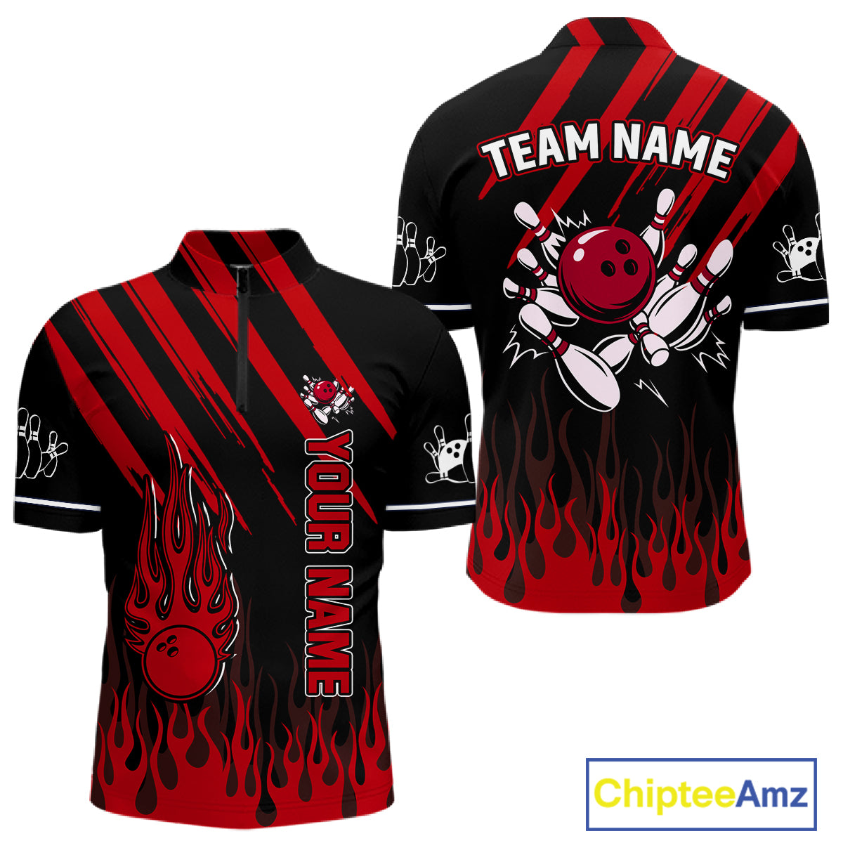 Black and Red Flame Retro Bowling Polo, 1/4 Zip Shirt for Men Custom Vintage Team Bowling Jersey NQS11678