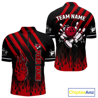 Black and Red Flame Retro Bowling Polo, 1/4 Zip Shirt for Men Custom Vintage Team Bowling Jersey NQS11678