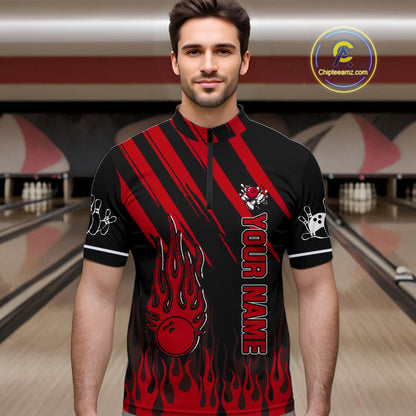 Black and Red Flame Retro Bowling Polo, 1/4 Zip Shirt for Men Custom Vintage Team Bowling Jersey NQS11678
