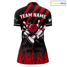 Load image into Gallery viewer, Black and Red Flame Retro Bowling Polo, 1/4 Zip Shirt for Women Custom Vintage Team Bowling Jersey NQS11678