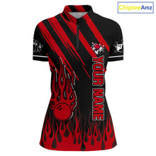 Load image into Gallery viewer, Black and Red Flame Retro Bowling Polo, 1/4 Zip Shirt for Women Custom Vintage Team Bowling Jersey NQS11678
