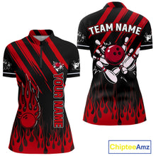 Load image into Gallery viewer, Black and Red Flame Retro Bowling Polo, 1/4 Zip Shirt for Women Custom Vintage Team Bowling Jersey NQS11678
