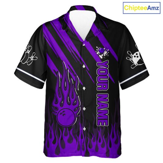 Black and Purple Flame Retro Bowling Button-up Shirt Custom Vintage Team Hawaiian Bowling Jersey NQS11679